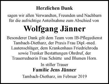 Traueranzeige von Wolfgang Jänner von Ostthüringer Zeitung, Thüringische Landeszeitung