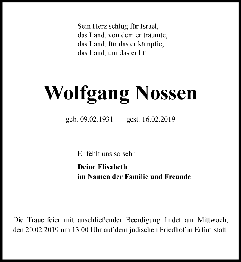  Traueranzeige für Wolfgang Nossen vom 19.02.2019 aus Thüringer Allgemeine, Thüringische Landeszeitung