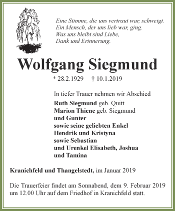 Traueranzeige von Wolfgang Siegmund von Thüringer Allgemeine, Thüringische Landeszeitung