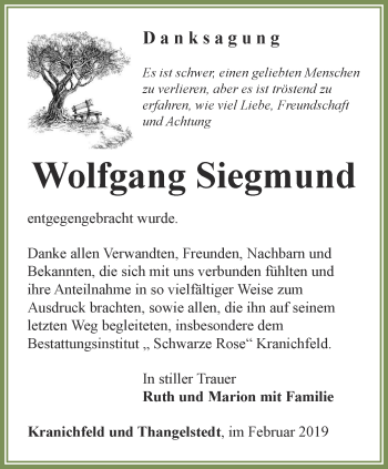 Traueranzeige von Wolfgang Siegmund von Thüringer Allgemeine, Thüringische Landeszeitung