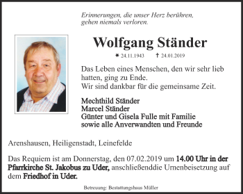 Traueranzeige von Wolfgang Ständer von Thüringer Allgemeine