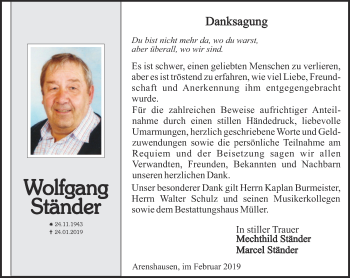 Traueranzeige von Wolfgang Ständer von Thüringer Allgemeine