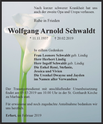 Traueranzeige von Wolfgang Arnold Schwaldt von Thüringer Allgemeine, Thüringische Landeszeitung