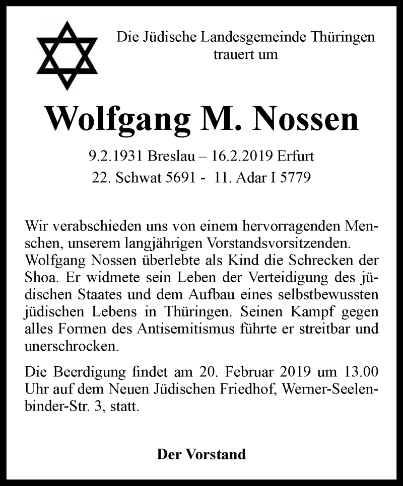  Traueranzeige für Wolfgang Nossen vom 19.02.2019 aus Ostthüringer Zeitung, Thüringische Landeszeitung