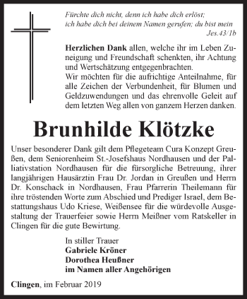 Traueranzeige von Brunhilde Klötzke von Thüringer Allgemeine