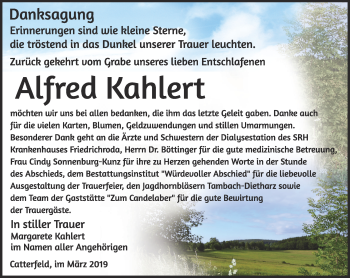 Traueranzeige von Alfred Kahlert von Ostthüringer Zeitung, Thüringische Landeszeitung