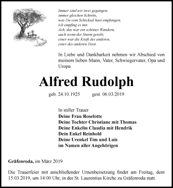 Traueranzeige von Alfred Rudolph von Thüringer Allgemeine