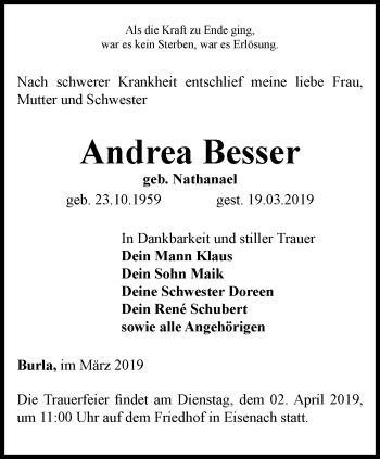 Traueranzeige von Andrea Besser von Ostthüringer Zeitung, Thüringische Landeszeitung