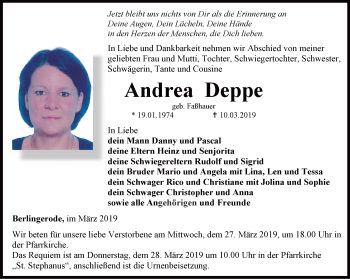 Traueranzeige von Andrea Deppe von Thüringer Allgemeine