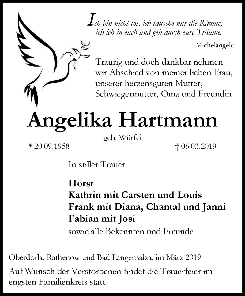  Traueranzeige für Angelika Hartmann vom 09.03.2019 aus Thüringer Allgemeine, Thüringische Landeszeitung