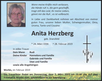 Traueranzeige von Anita Herzberg von Thüringer Allgemeine