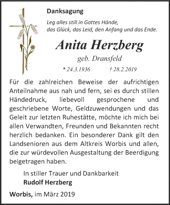 Traueranzeige von Anita Herzberg von Thüringer Allgemeine