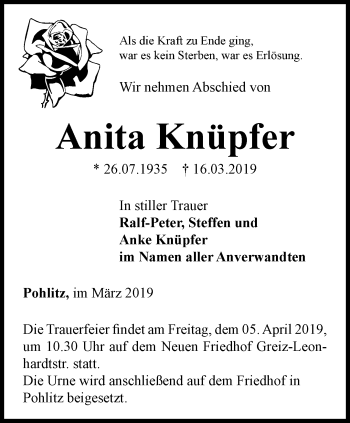 Traueranzeige von Anita Knüpfer von Ostthüringer Zeitung