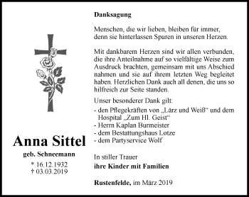 Traueranzeige von Anna Sittel von Thüringer Allgemeine