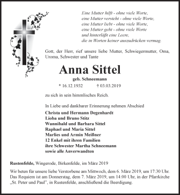 Traueranzeige von Anna Sittel von Thüringer Allgemeine