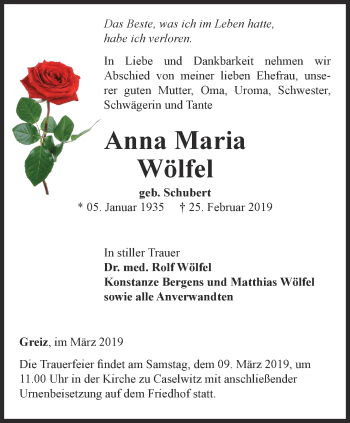 Traueranzeige von Anna Maria Wölfel von Ostthüringer Zeitung