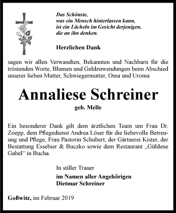 Traueranzeige von Annaliese Schreiner von Ostthüringer Zeitung