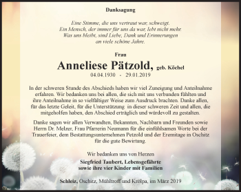 Traueranzeige von Anneliese Pätzold von Ostthüringer Zeitung