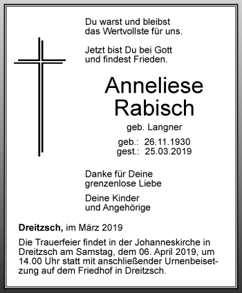 Traueranzeige von Anneliese Rabisch von Ostthüringer Zeitung