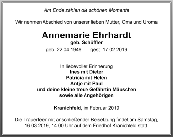 Traueranzeige von Annemarie Ehrhardt von Thüringer Allgemeine, Thüringische Landeszeitung