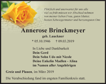 Traueranzeige von Annerose Brinckmeyer