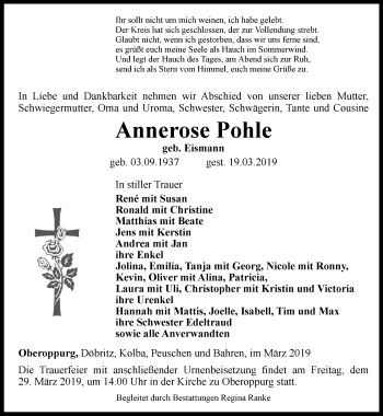 Traueranzeige von Annerose Pohle von Ostthüringer Zeitung