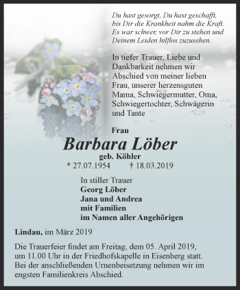 Traueranzeige von Barbara Löber von Ostthüringer Zeitung