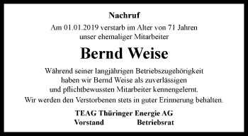 Traueranzeige von Bernd Weise von Ostthüringer Zeitung, Thüringische Landeszeitung