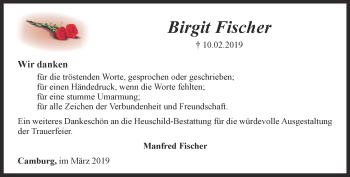 Traueranzeige von Birgit Fischer von Ostthüringer Zeitung, Thüringische Landeszeitung