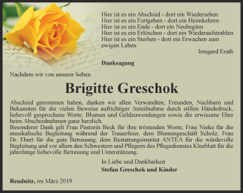 Traueranzeige von Brigitte Greschok von Ostthüringer Zeitung