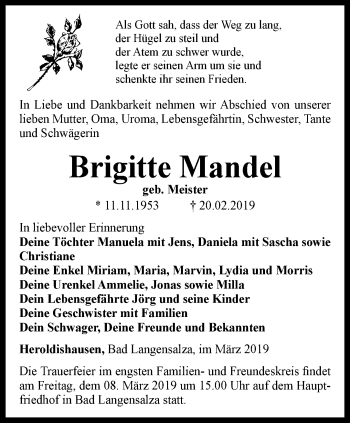 Traueranzeige von Brigitte Mandel von Thüringer Allgemeine, Thüringische Landeszeitung