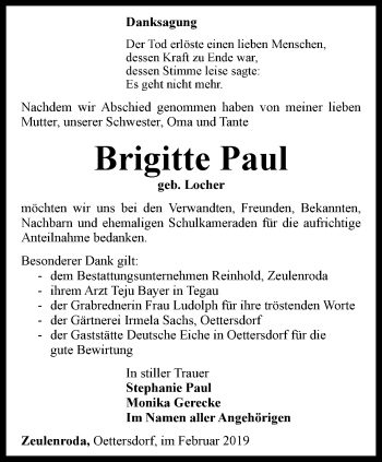 Traueranzeige von Brigitte Paul von Ostthüringer Zeitung