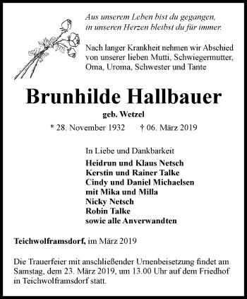 Traueranzeige von Brunhilde Hallbauer von Ostthüringer Zeitung