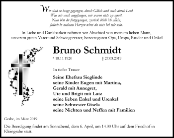 Traueranzeige von Bruno Schmidt von Thüringer Allgemeine, Thüringische Landeszeitung