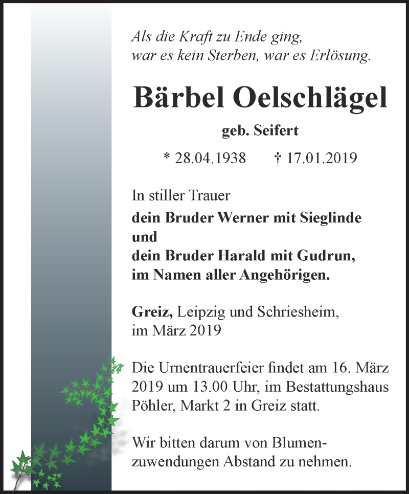  Traueranzeige für Bärbel Oelschlägel vom 09.03.2019 aus Ostthüringer Zeitung