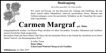 Traueranzeige von Carmen Margraf von Thüringer Allgemeine, Thüringische Landeszeitung