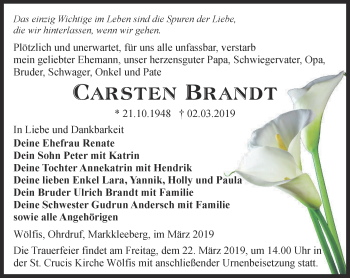 Traueranzeige von Carsten Brandt von Ostthüringer Zeitung, Thüringische Landeszeitung