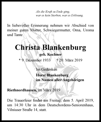 Traueranzeige von Christa Blankenburg von Thüringer Allgemeine, Thüringische Landeszeitung