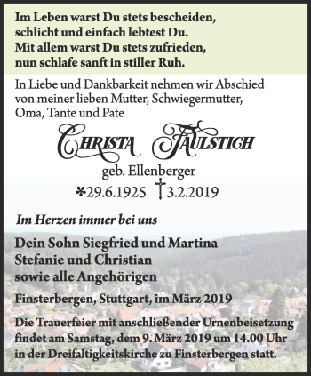 Traueranzeige von Christa Faulstich von Ostthüringer Zeitung, Thüringische Landeszeitung