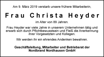 Traueranzeige von Christa Heyder von Thüringer Allgemeine