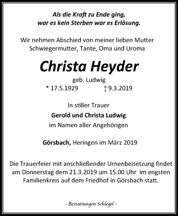 Traueranzeige von Christa Heyder von Thüringer Allgemeine