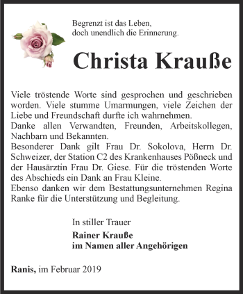 Traueranzeige von Christa Krauße von Ostthüringer Zeitung