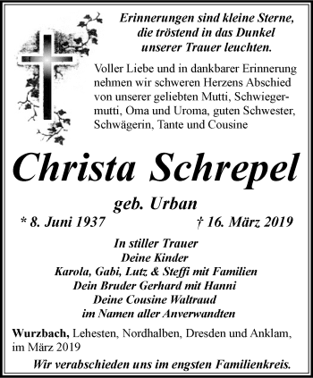 Traueranzeige von Christa Schrepel von Ostthüringer Zeitung