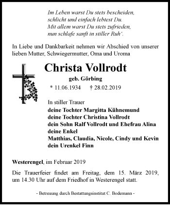 Traueranzeige von Christa Vollrodt von Thüringer Allgemeine