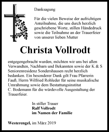 Traueranzeige von Christa Vollrodt von Thüringer Allgemeine