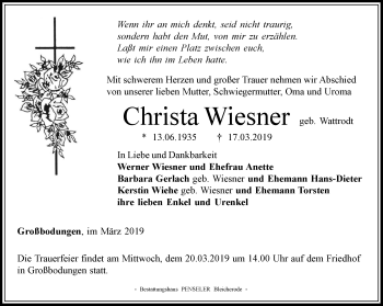 Traueranzeige von Christa Wiesner von Thüringer Allgemeine