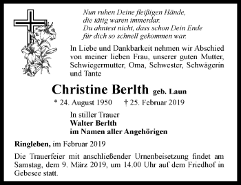 Traueranzeige von Christine Berlth von Thüringer Allgemeine, Thüringische Landeszeitung