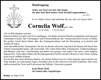 Traueranzeige von Cornelia Wolf von Thüringer Allgemeine, Thüringische Landeszeitung