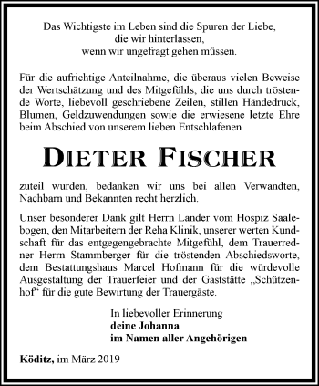 Traueranzeige von Dieter Fischer von Ostthüringer Zeitung