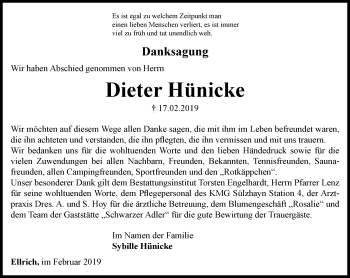 Traueranzeige von Dieter Hünicke von Thüringer Allgemeine